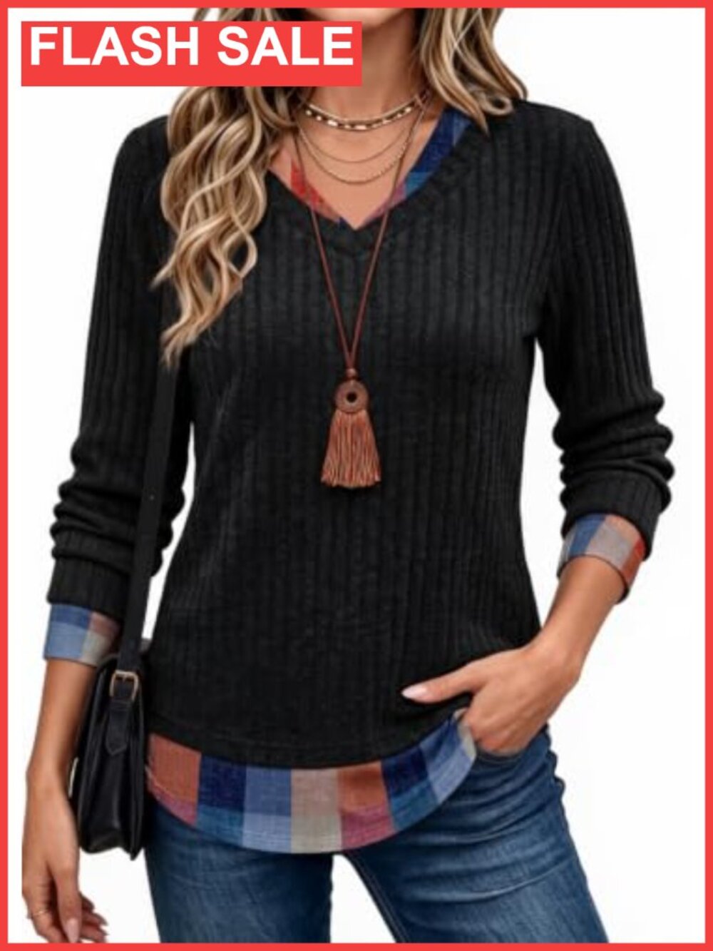 Womens Long Sleeve Tunic Top Lightweight Ribbed V Neck Layered Look